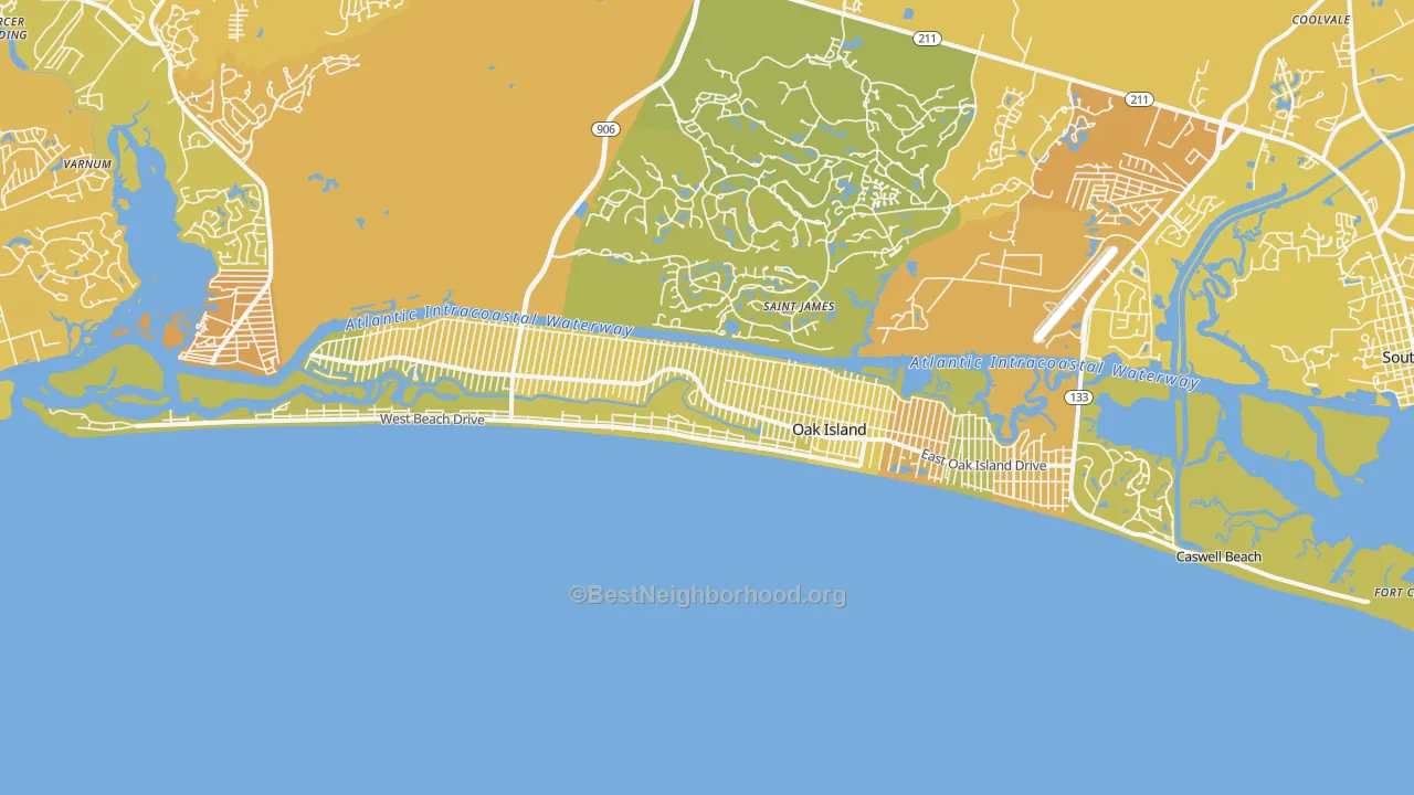 Map of the best neighborhoods in the 28465 area, with better matches in green and worse matches in red
