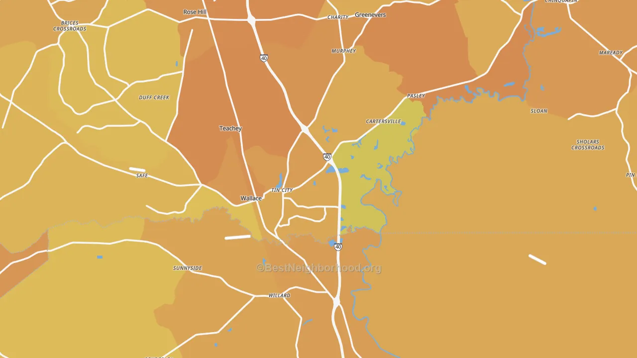 Map of the best neighborhoods in the 28466 area, with better matches in green and worse matches in red