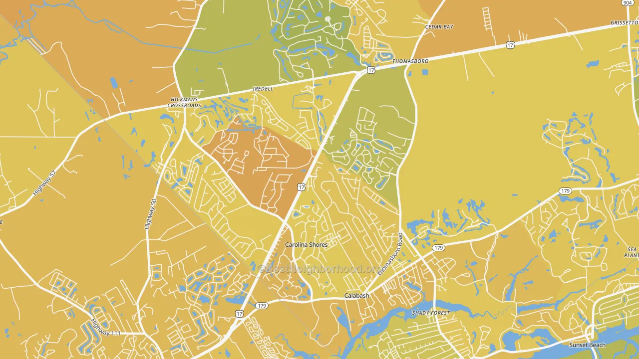 Map of the best neighborhoods in the 28467 area, with better matches in green and worse matches in red