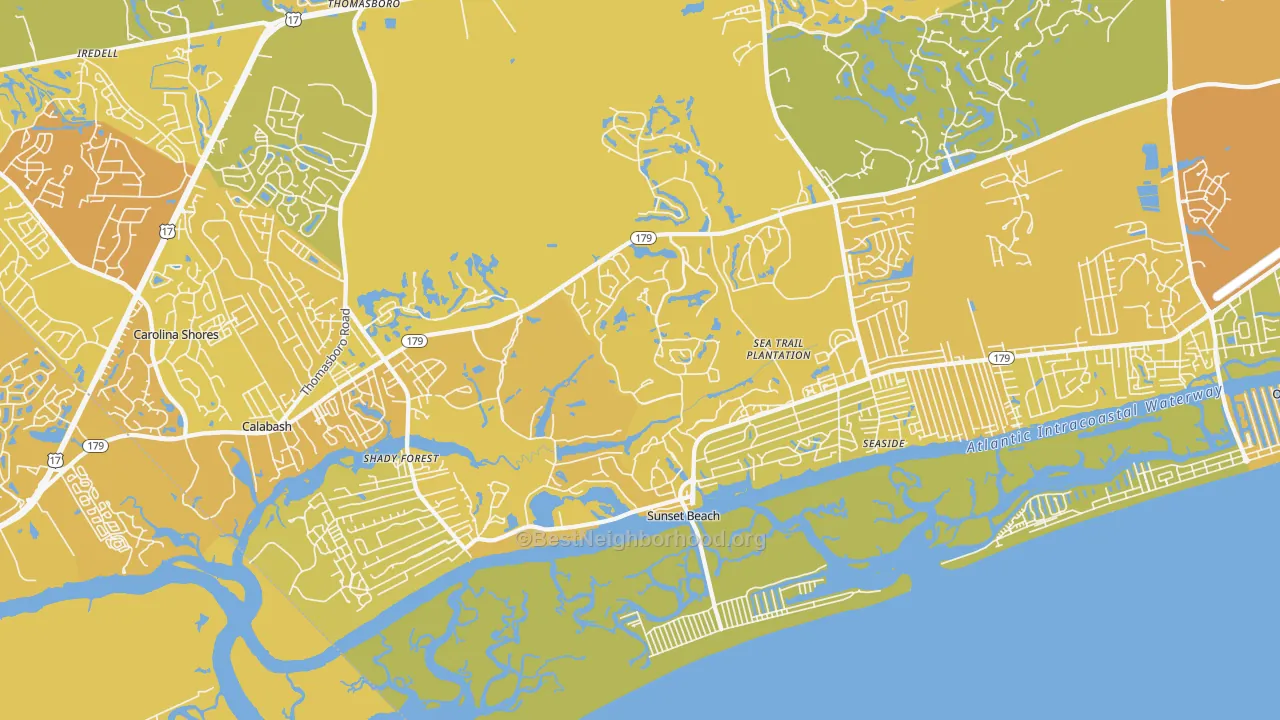 Map of the best neighborhoods in the 28468 area, with better matches in green and worse matches in red