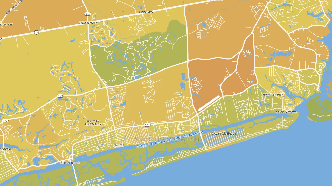 Map of the best neighborhoods in the 28469 area, with better matches in green and worse matches in red