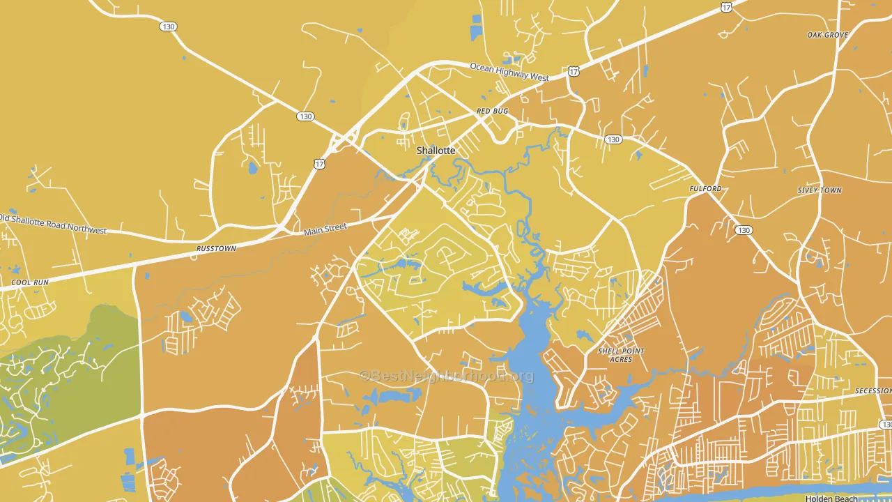 Map of the best neighborhoods in the 28470 area, with better matches in green and worse matches in red