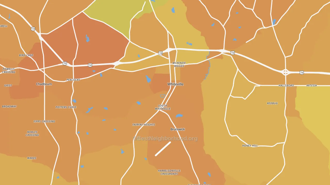 Map of the best neighborhoods in the 28472 area, with better matches in green and worse matches in red