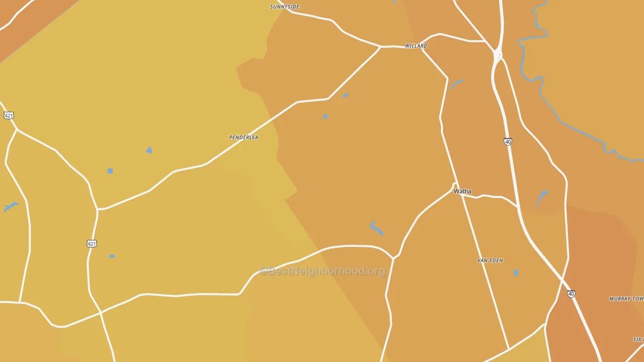 Map of the best neighborhoods in the 28478 area, with better matches in green and worse matches in red