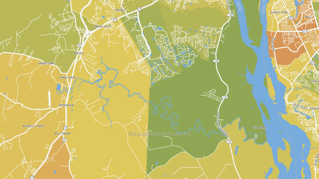Map of the best neighborhoods in the 28479 area, with better matches in green and worse matches in red