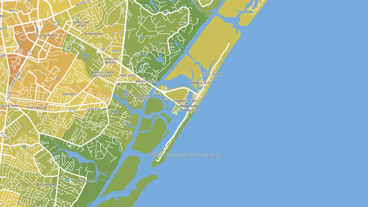 Map of the best neighborhoods in the 28480 area, with better matches in green and worse matches in red