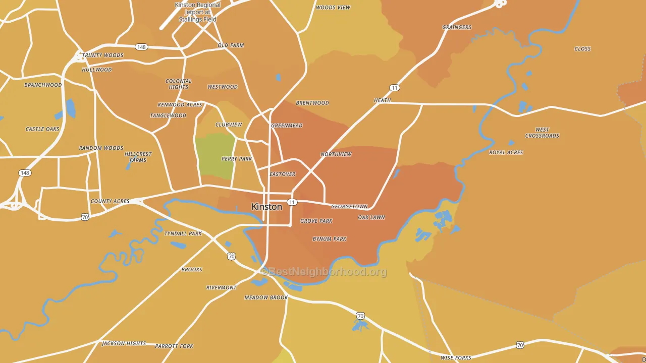 Map of the best neighborhoods in the 28501 area, with better matches in green and worse matches in red