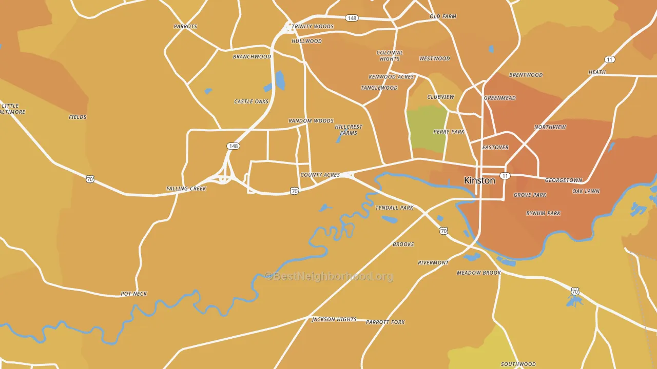 Map of the best neighborhoods in the 28504 area, with better matches in green and worse matches in red