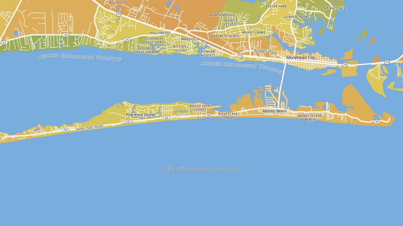 Map of the best neighborhoods in the 28512 area, with better matches in green and worse matches in red