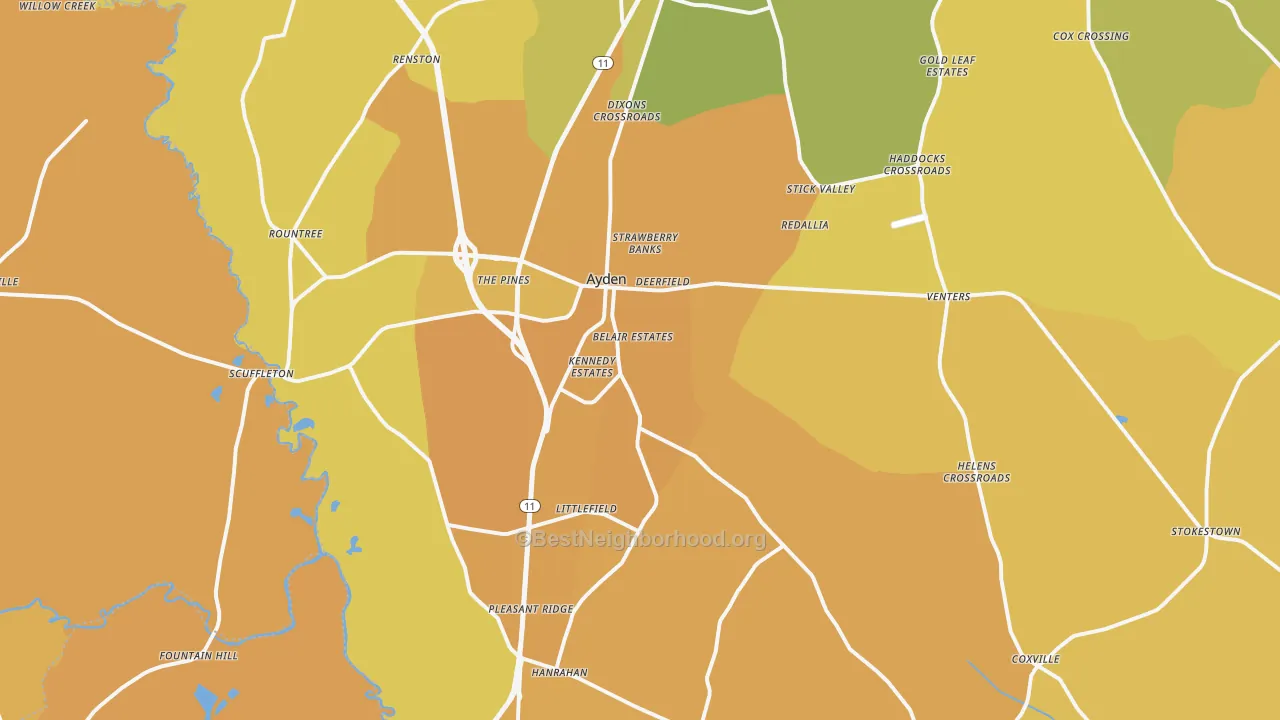 Map of the best neighborhoods in the 28513 area, with better matches in green and worse matches in red