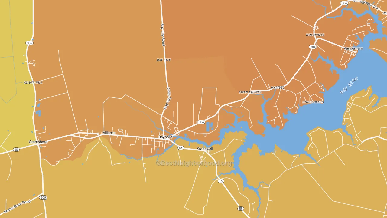 Map of the best neighborhoods in the 28515 area, with better matches in green and worse matches in red