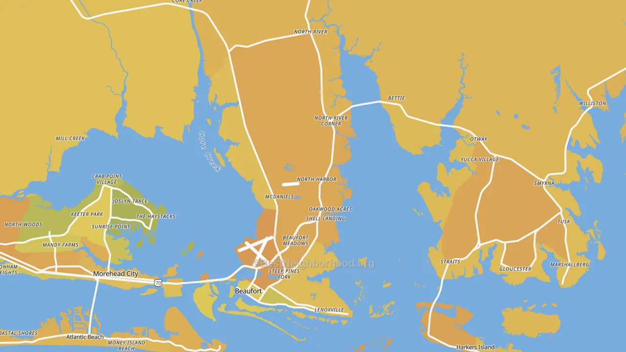 Map of the best neighborhoods in the 28516 area, with better matches in green and worse matches in red