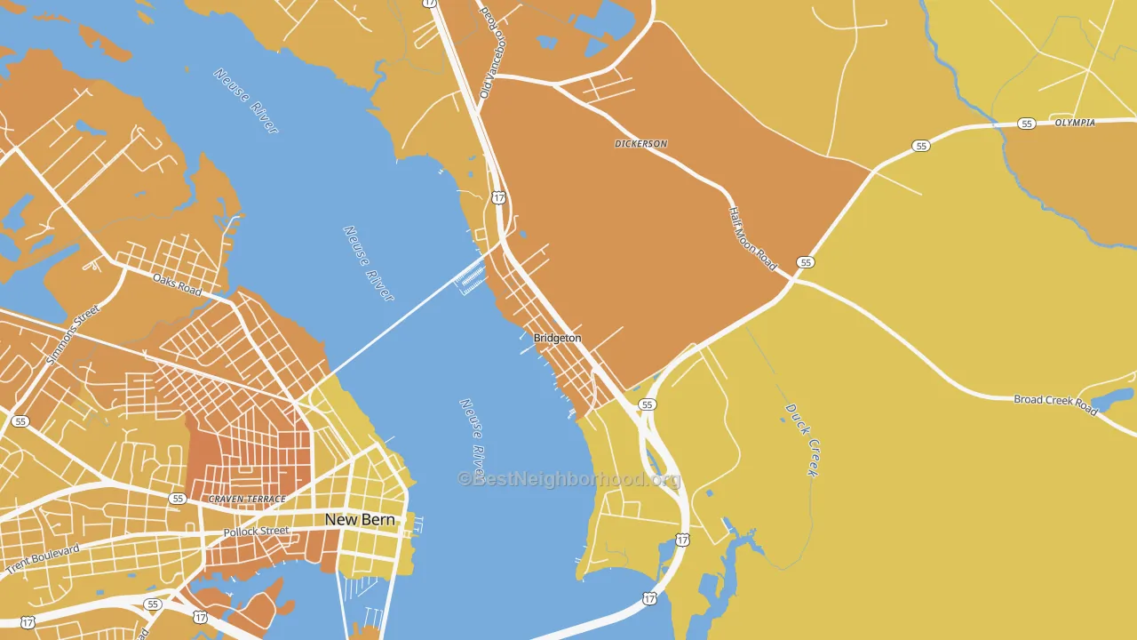 Map of the best neighborhoods in the 28519 area, with better matches in green and worse matches in red