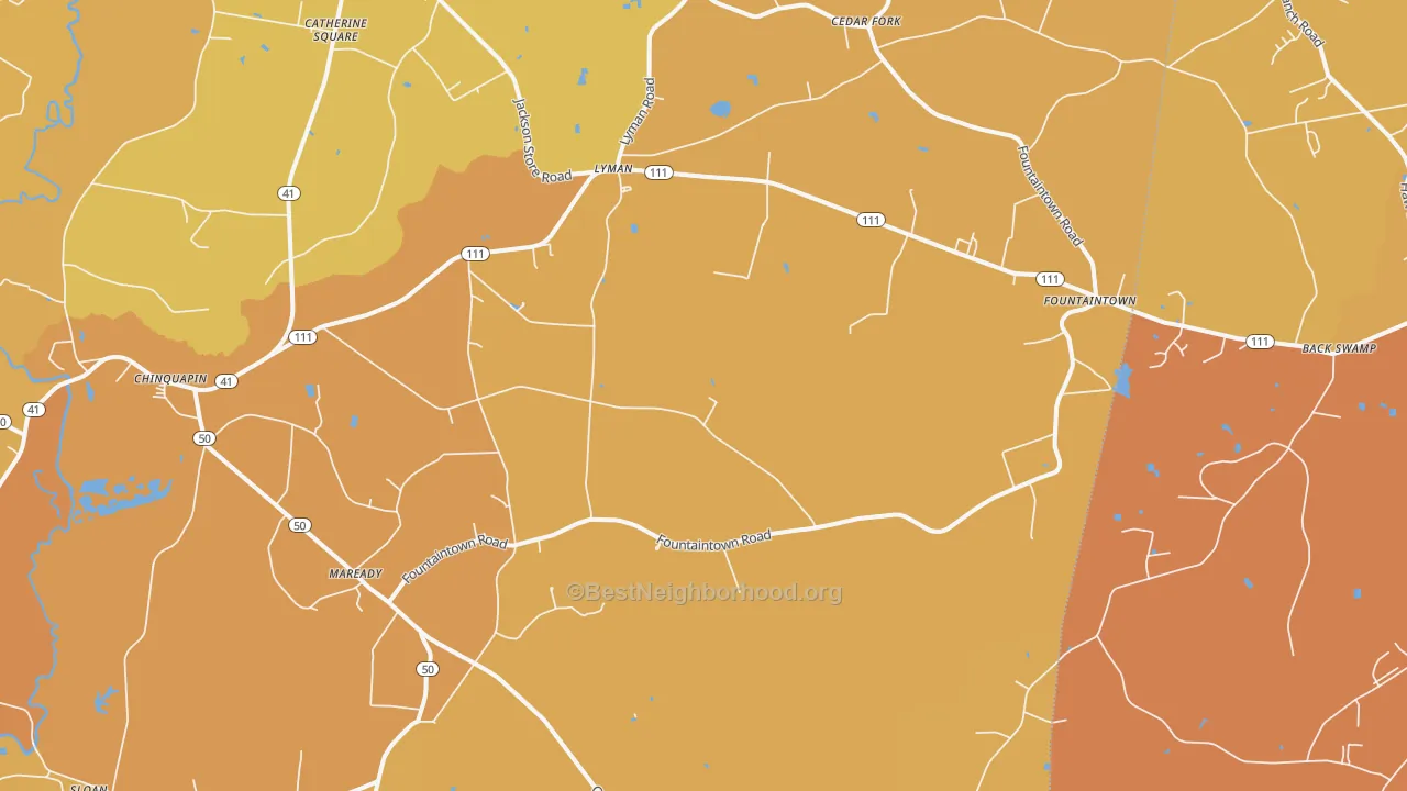 Map of the best neighborhoods in the 28521 area, with better matches in green and worse matches in red