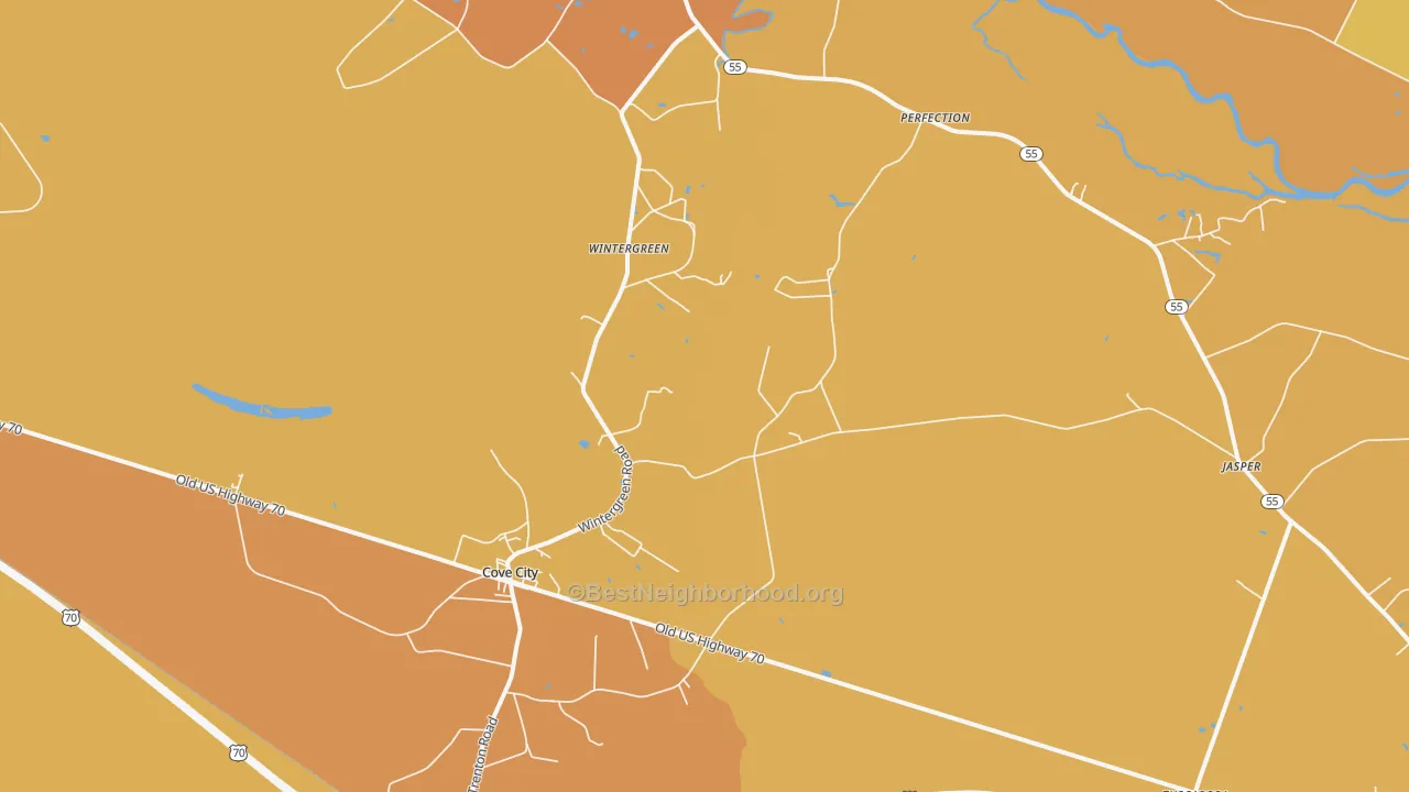 Map of the best neighborhoods in the 28523 area, with better matches in green and worse matches in red