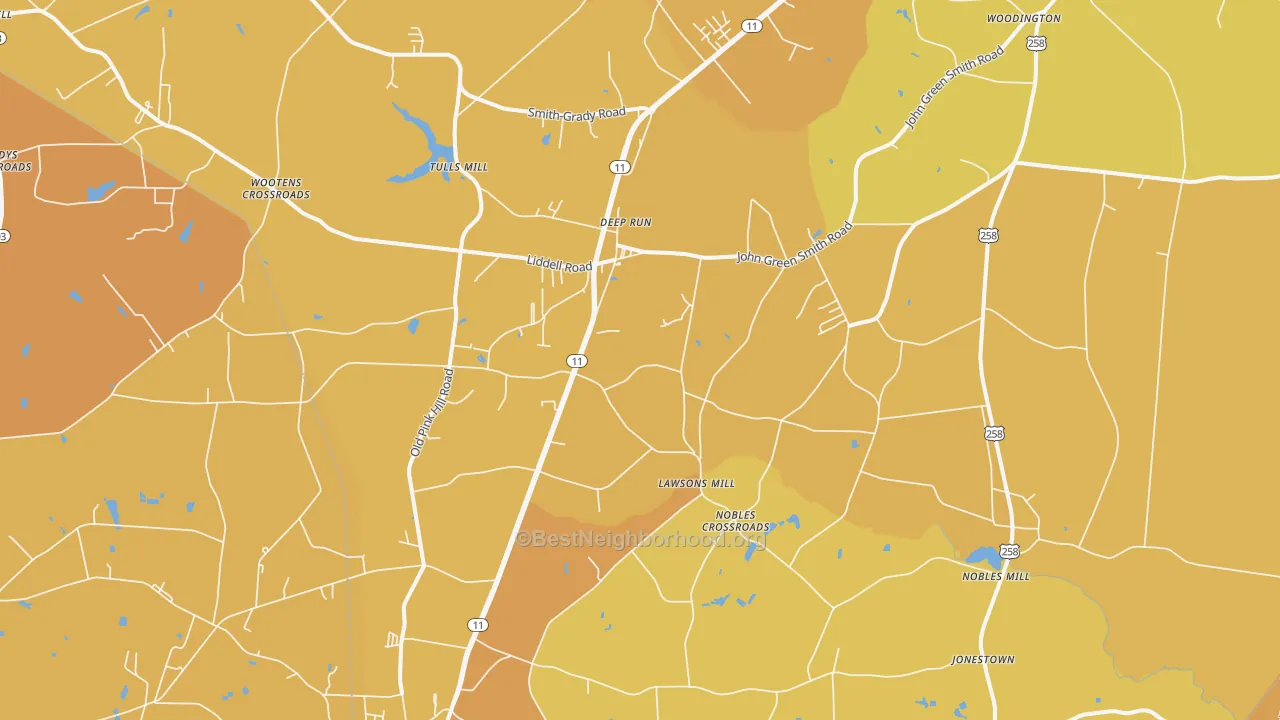 Map of the best neighborhoods in the 28525 area, with better matches in green and worse matches in red
