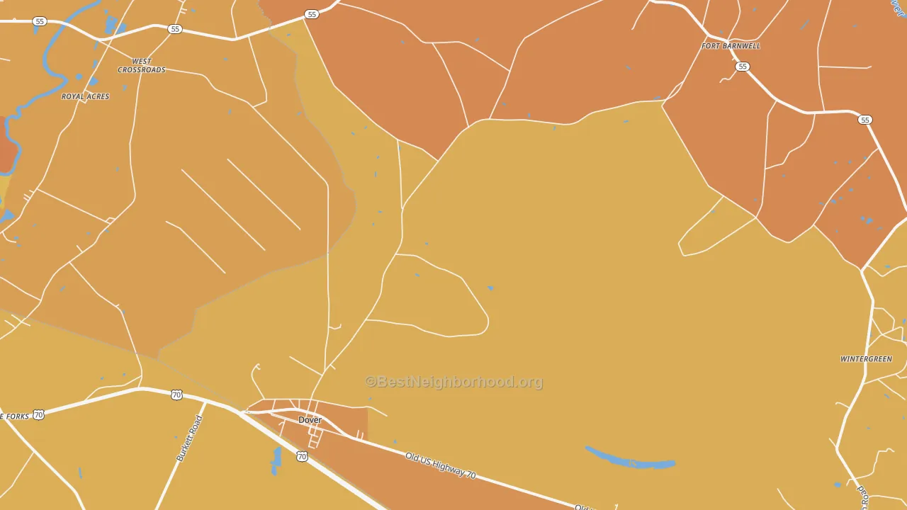 Map of the best neighborhoods in the 28526 area, with better matches in green and worse matches in red