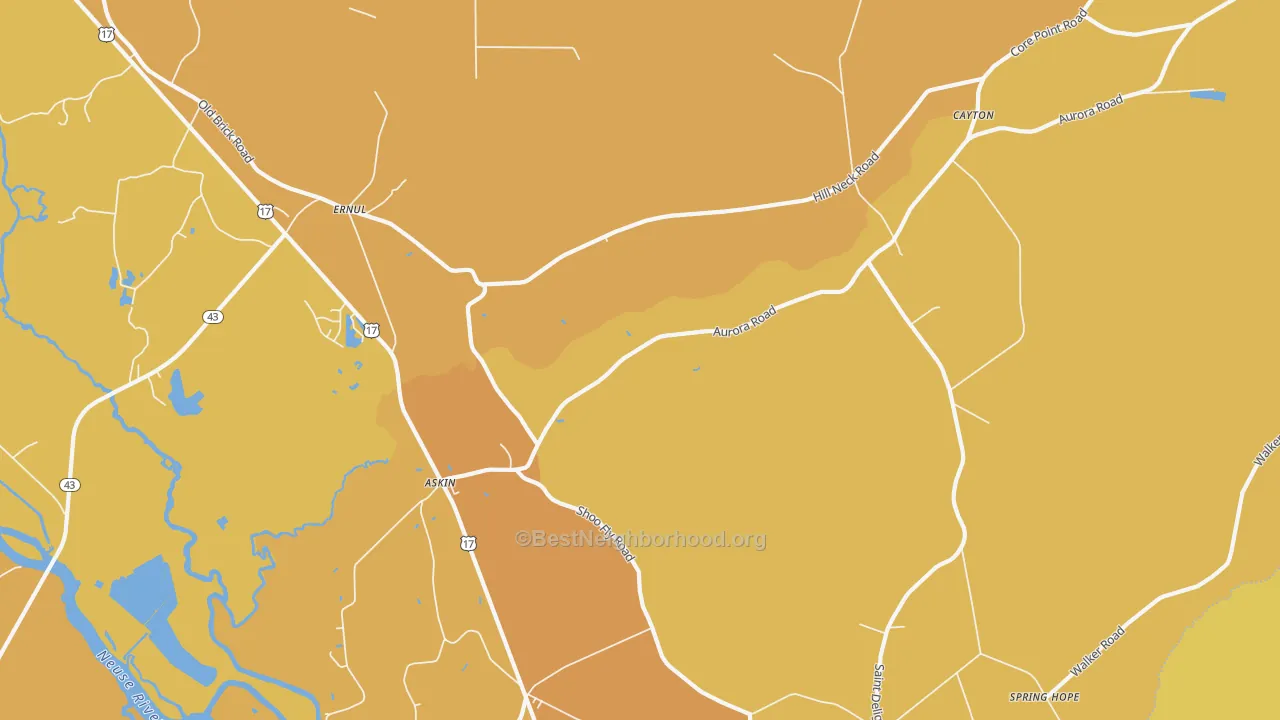Map of the best neighborhoods in the 28527 area, with better matches in green and worse matches in red