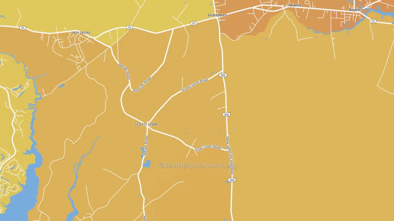 Map of the best neighborhoods in the 28529 area, with better matches in green and worse matches in red