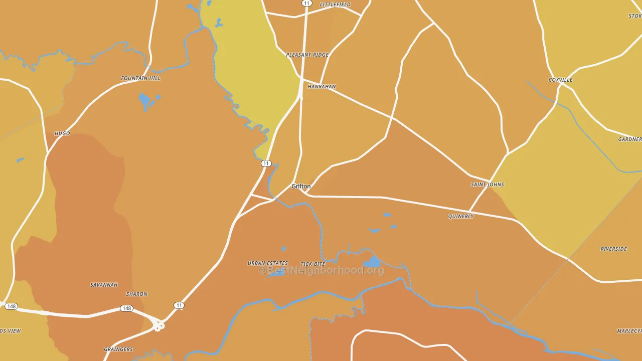 Map of the best neighborhoods in the 28530 area, with better matches in green and worse matches in red