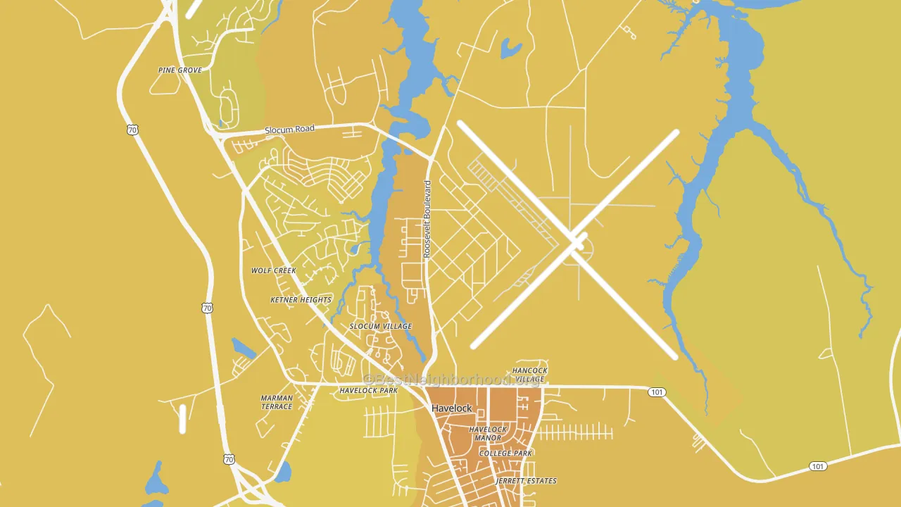 Map of the best neighborhoods in the 28533 area, with better matches in green and worse matches in red