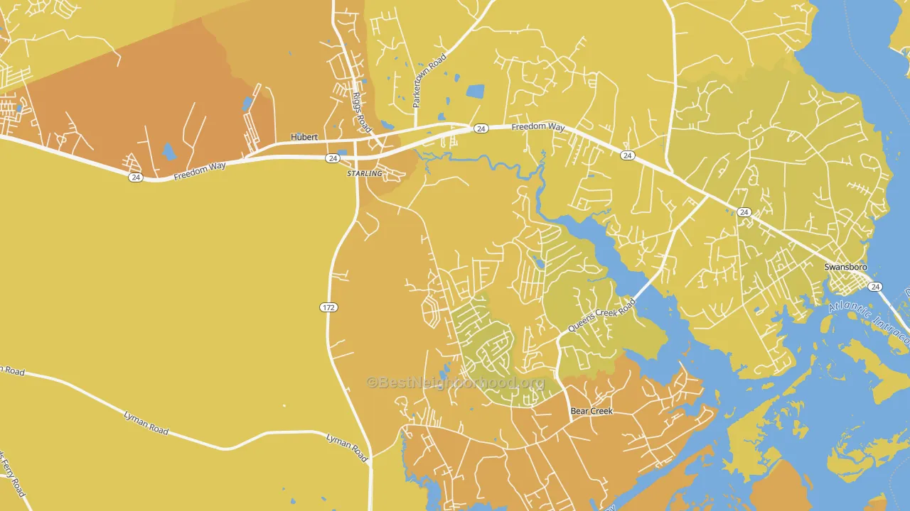 Map of the best neighborhoods in the 28539 area, with better matches in green and worse matches in red