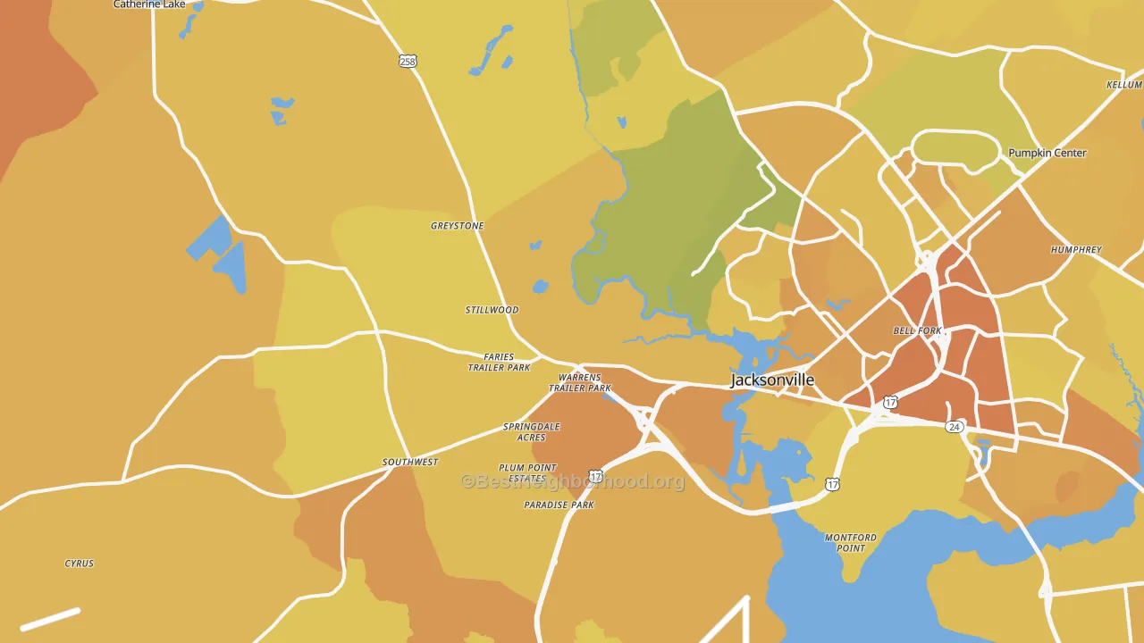 Map of the best neighborhoods in the 28540 area, with better matches in green and worse matches in red