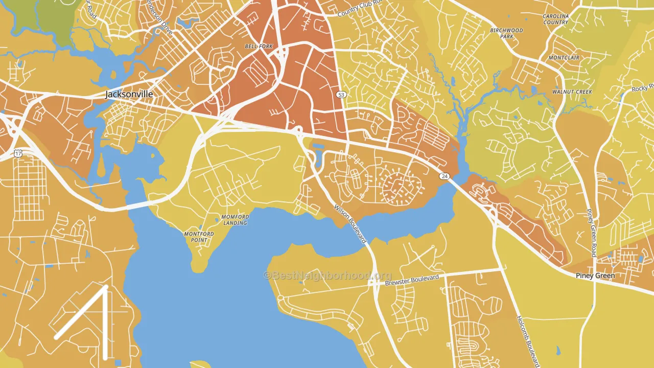 Map of the best neighborhoods in the 28543 area, with better matches in green and worse matches in red