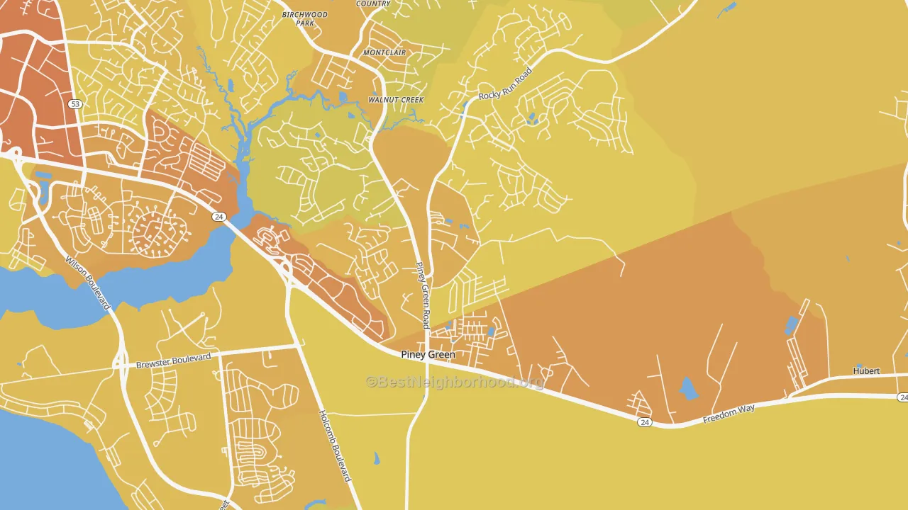 Map of the best neighborhoods in the 28544 area, with better matches in green and worse matches in red