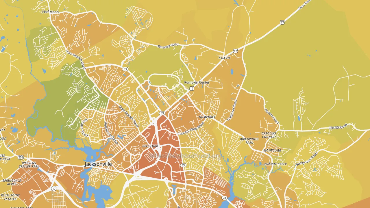 Map of the best neighborhoods in the 28546 area, with better matches in green and worse matches in red
