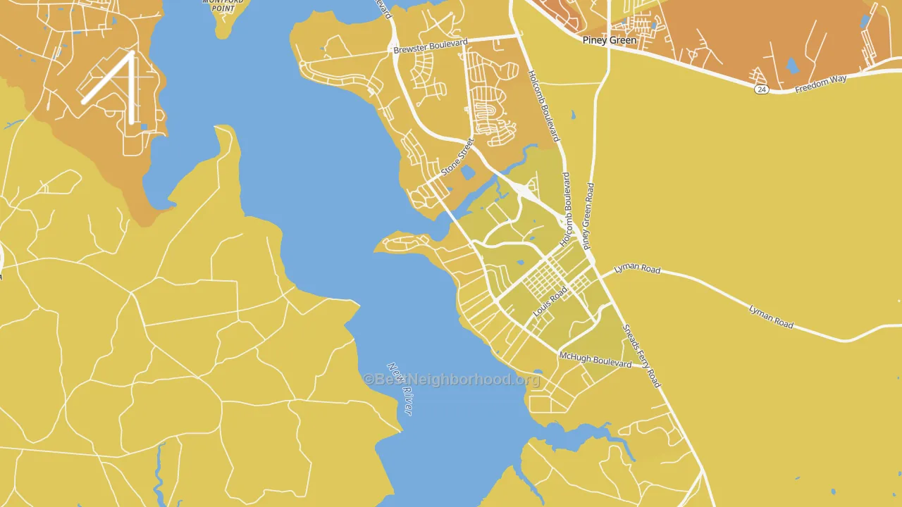 Map of the best neighborhoods in the 28547 area, with better matches in green and worse matches in red