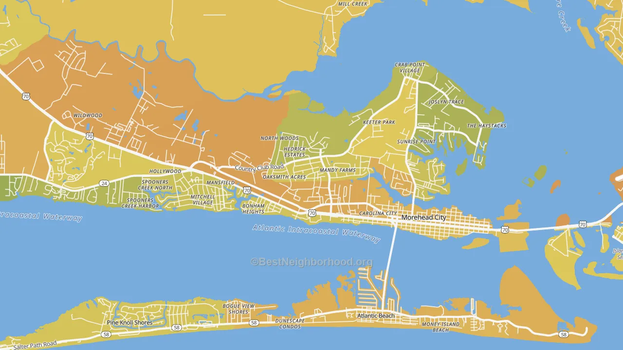 Map of the best neighborhoods in the 28557 area, with better matches in green and worse matches in red