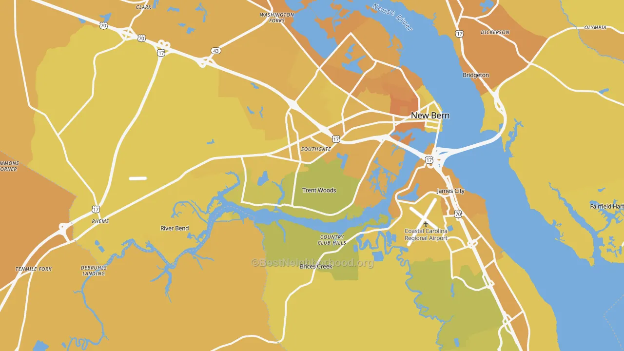Map of the best neighborhoods in the 28562 area, with better matches in green and worse matches in red