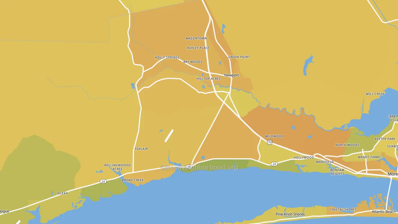 Map of the best neighborhoods in the 28570 area, with better matches in green and worse matches in red