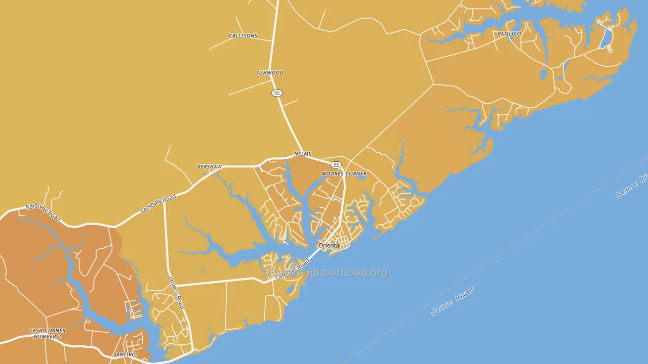 Map of the best neighborhoods in the 28571 area, with better matches in green and worse matches in red