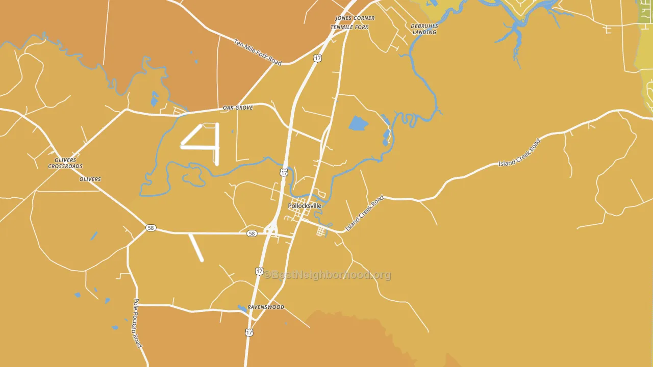 Map of the best neighborhoods in the 28573 area, with better matches in green and worse matches in red