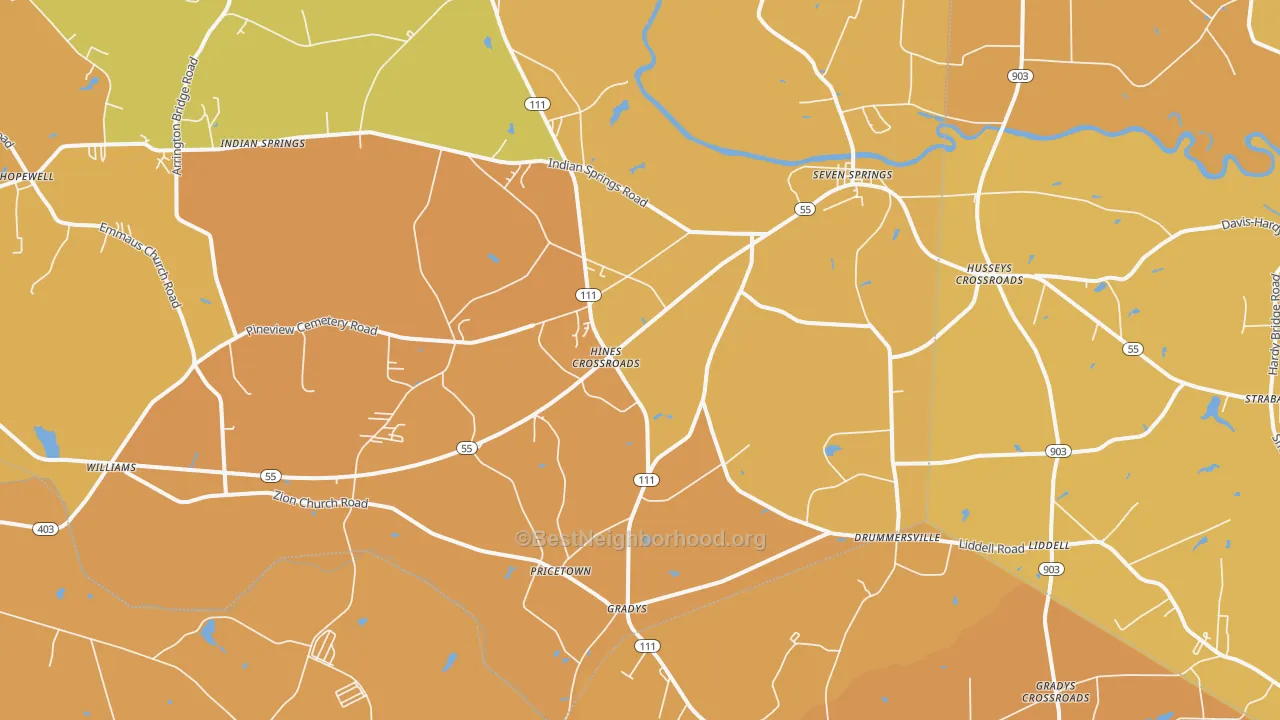 Map of the best neighborhoods in the 28578 area, with better matches in green and worse matches in red