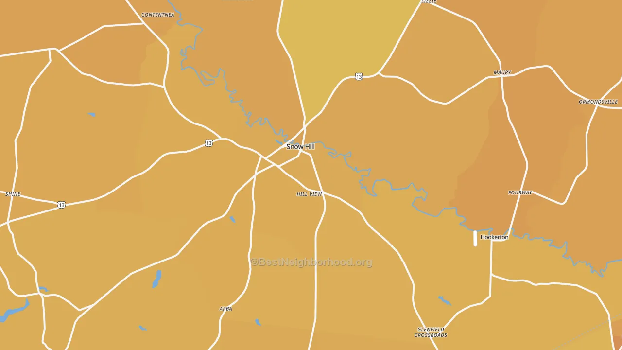 Map of the best neighborhoods in the 28580 area, with better matches in green and worse matches in red