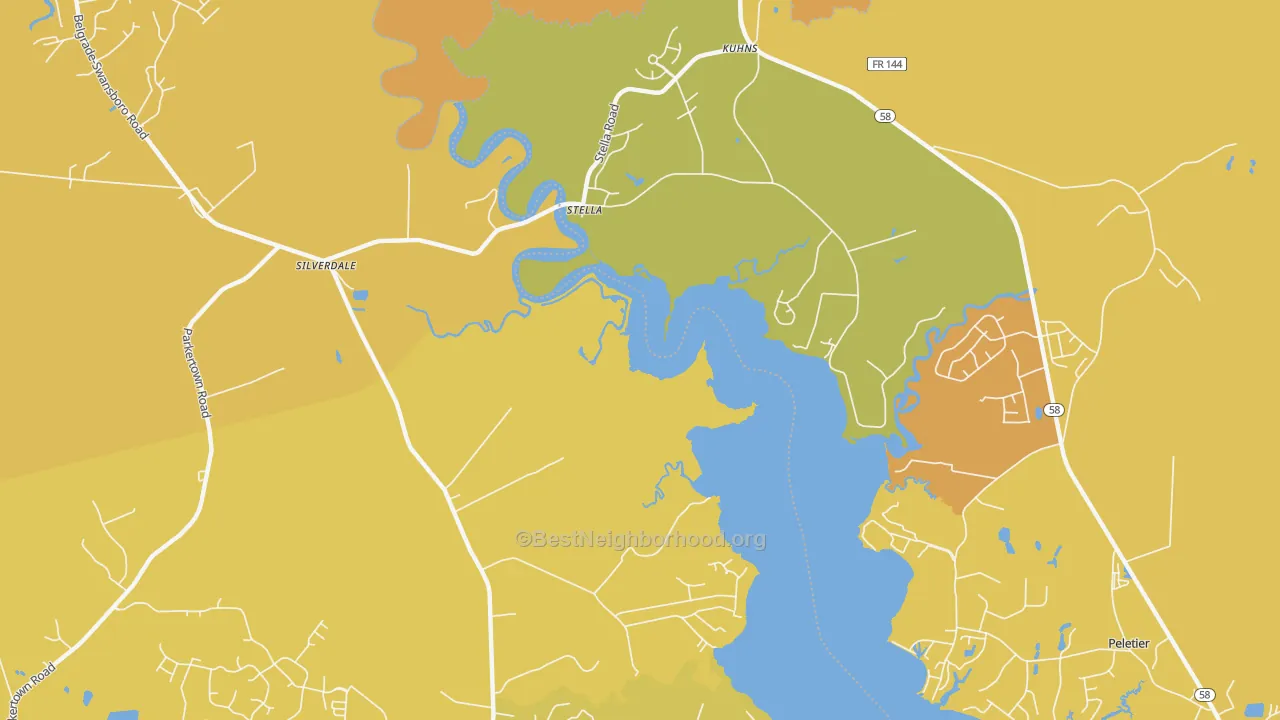 Map of the best neighborhoods in the 28582 area, with better matches in green and worse matches in red