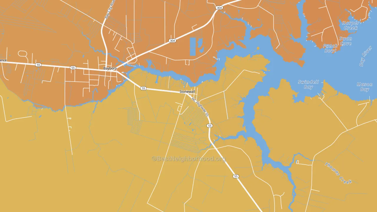 Map of the best neighborhoods in the 28583 area, with better matches in green and worse matches in red