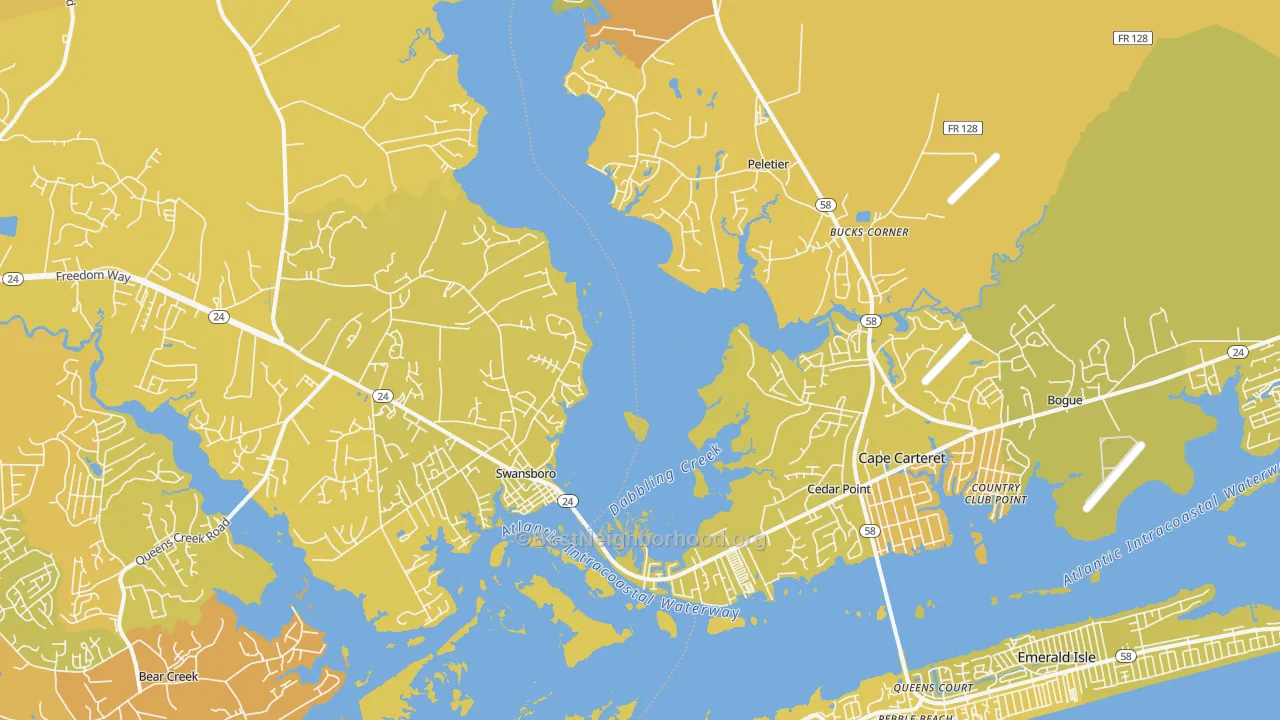 Map of the best neighborhoods in the 28584 area, with better matches in green and worse matches in red