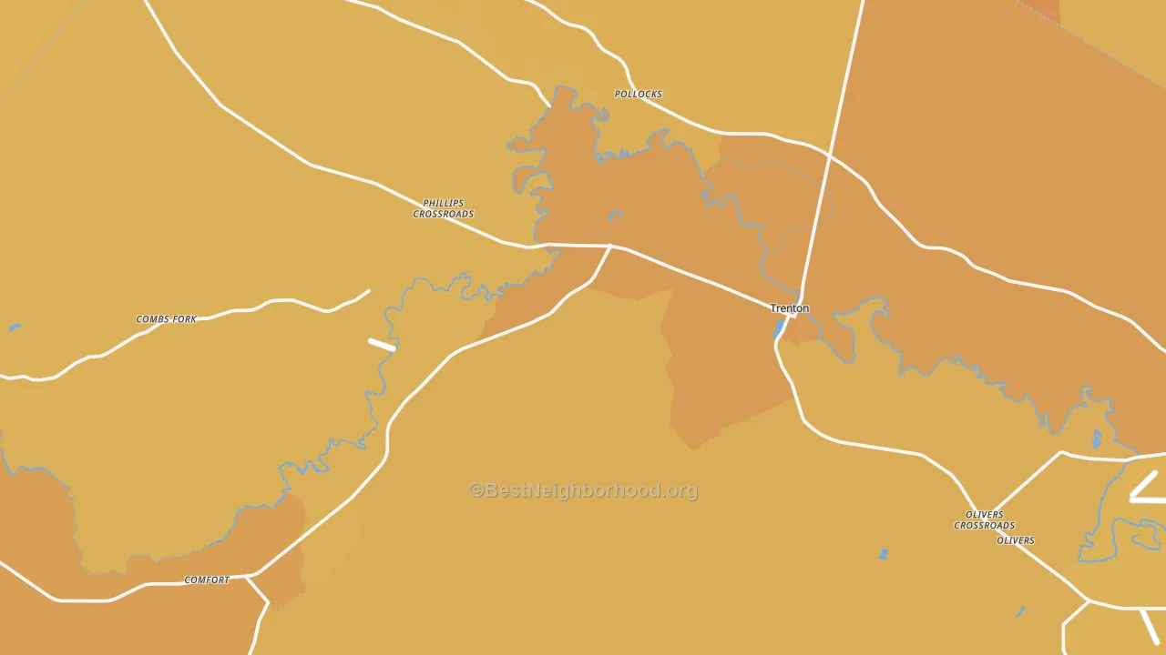 Map of the best neighborhoods in the 28585 area, with better matches in green and worse matches in red