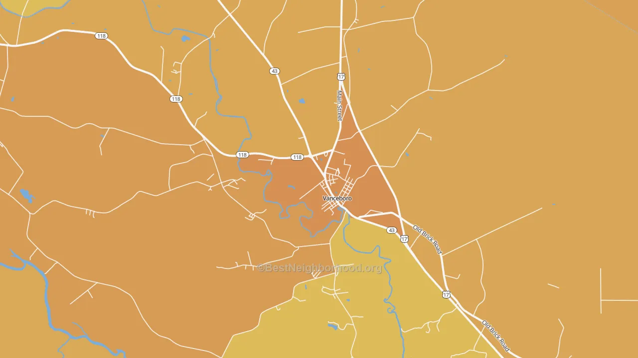Map of the best neighborhoods in the 28586 area, with better matches in green and worse matches in red