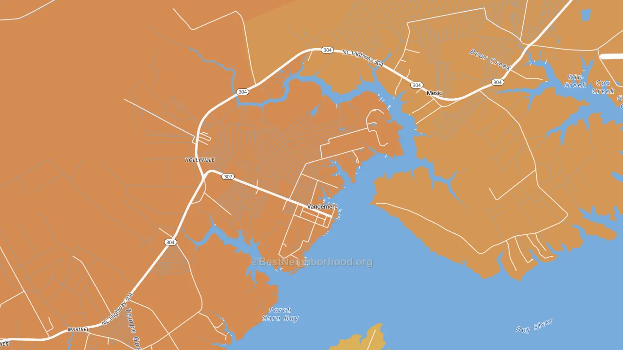 Map of the best neighborhoods in the 28587 area, with better matches in green and worse matches in red