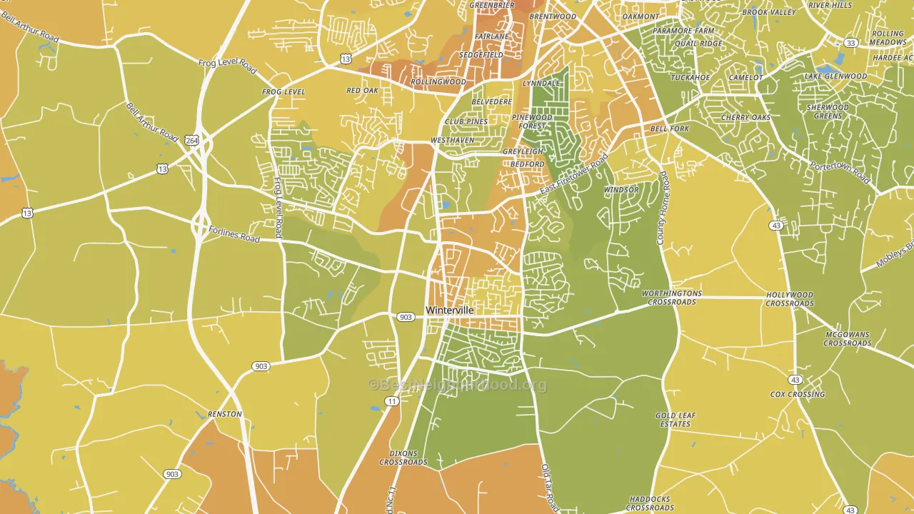 Map of the best neighborhoods in the 28590 area, with better matches in green and worse matches in red