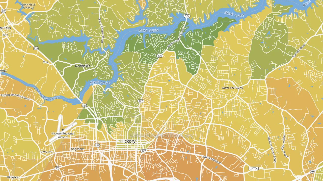 Map of the best neighborhoods in the 28601 area, with better matches in green and worse matches in red