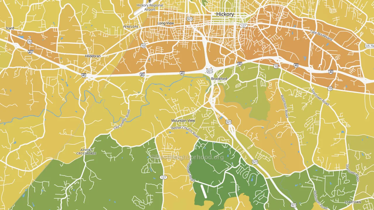 Map of the best neighborhoods in the 28602 area, with better matches in green and worse matches in red