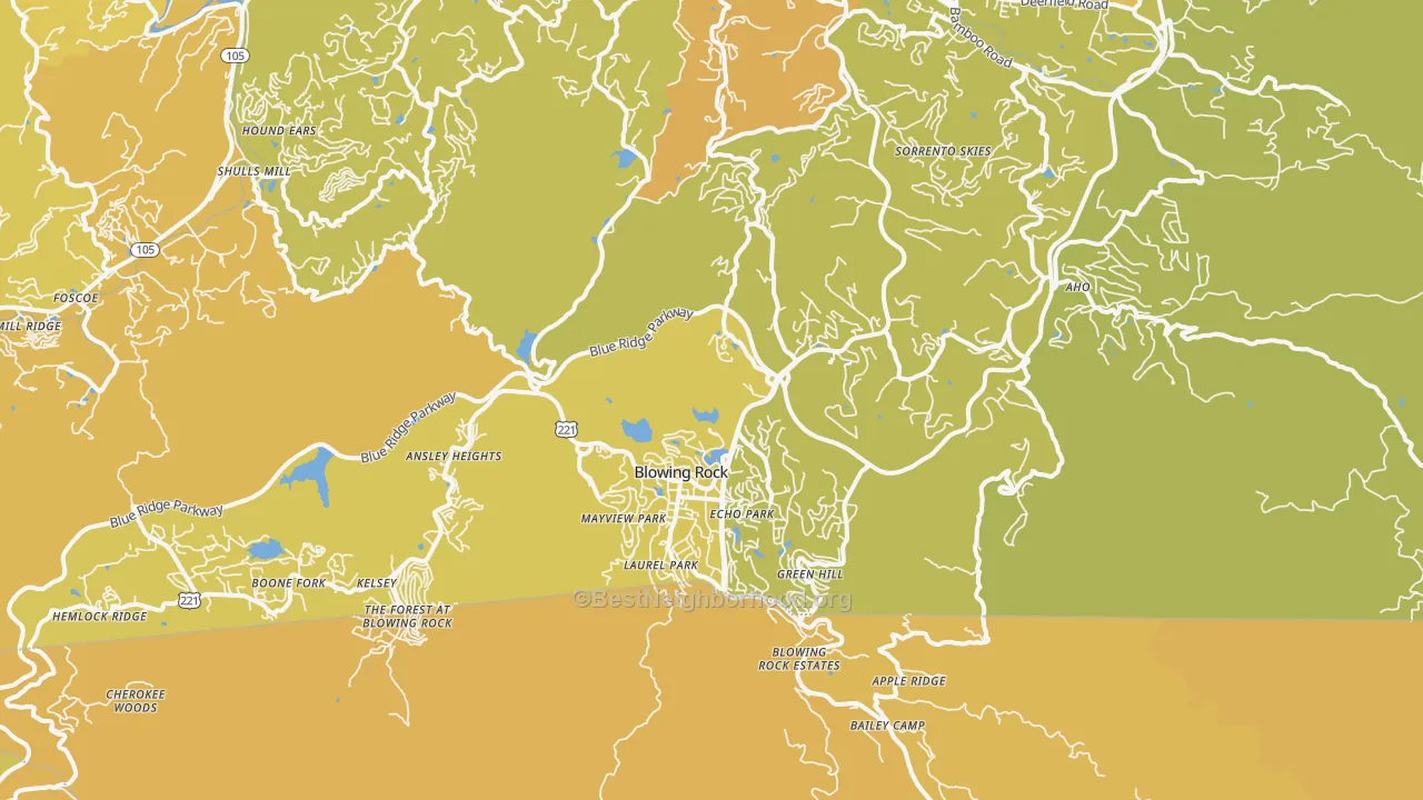 Map of the best neighborhoods in the 28605 area, with better matches in green and worse matches in red