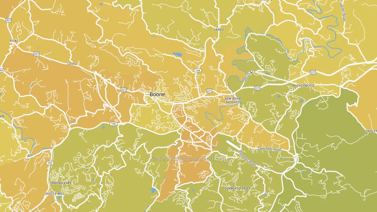 Map of the best neighborhoods in the 28607 area, with better matches in green and worse matches in red