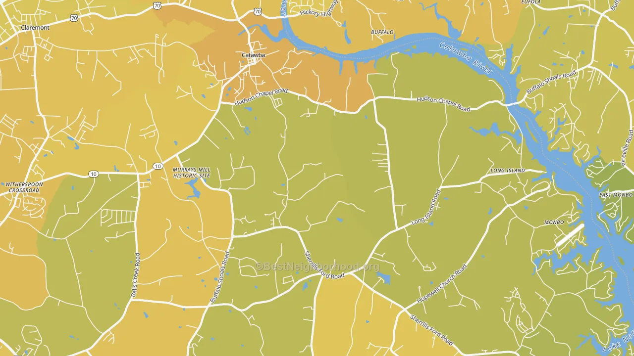 Map of the best neighborhoods in the 28609 area, with better matches in green and worse matches in red